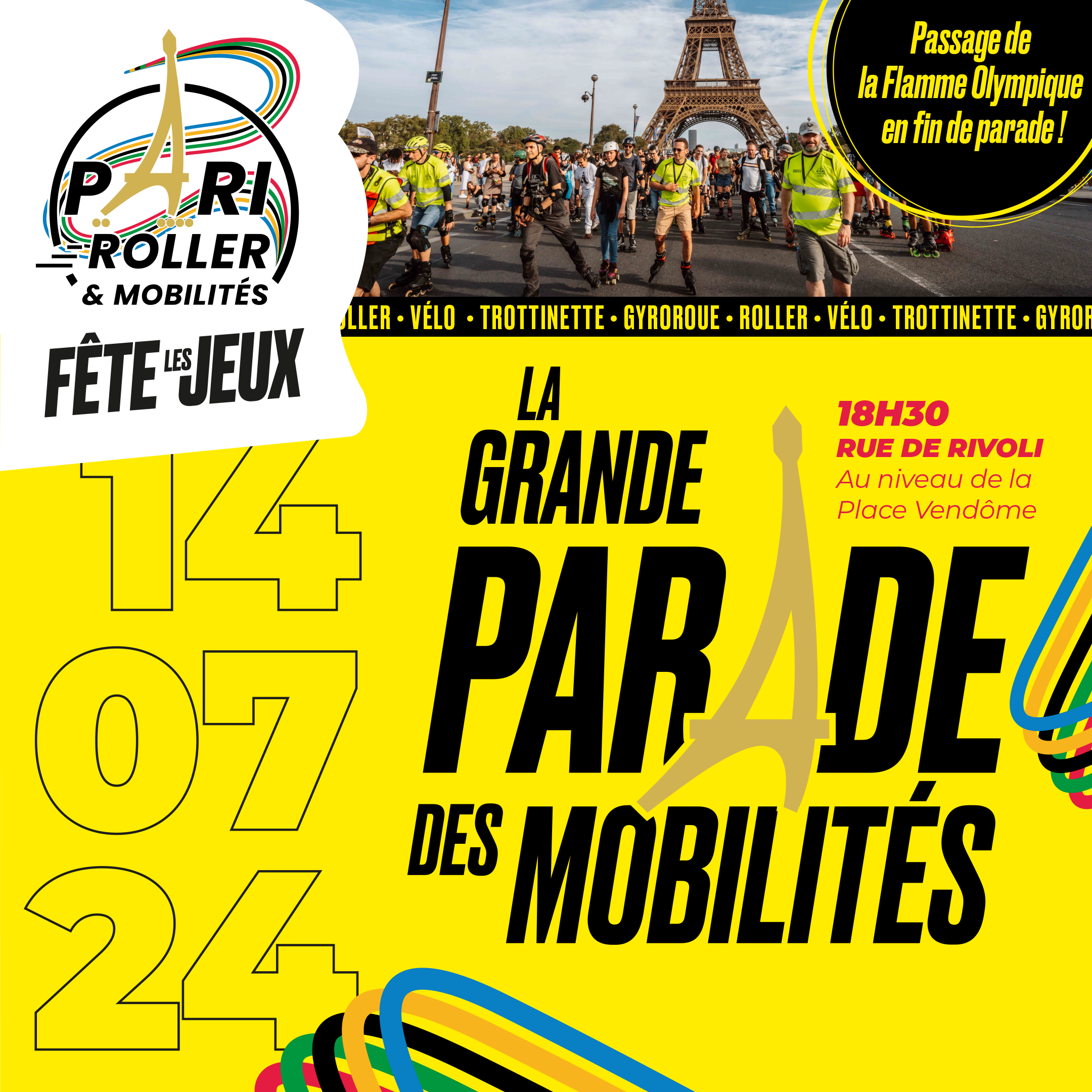 Grande Parade des Mobilité spéciale Relai de la Flamme Olympique Pari Roller & Mobilités - rue de Rivoli