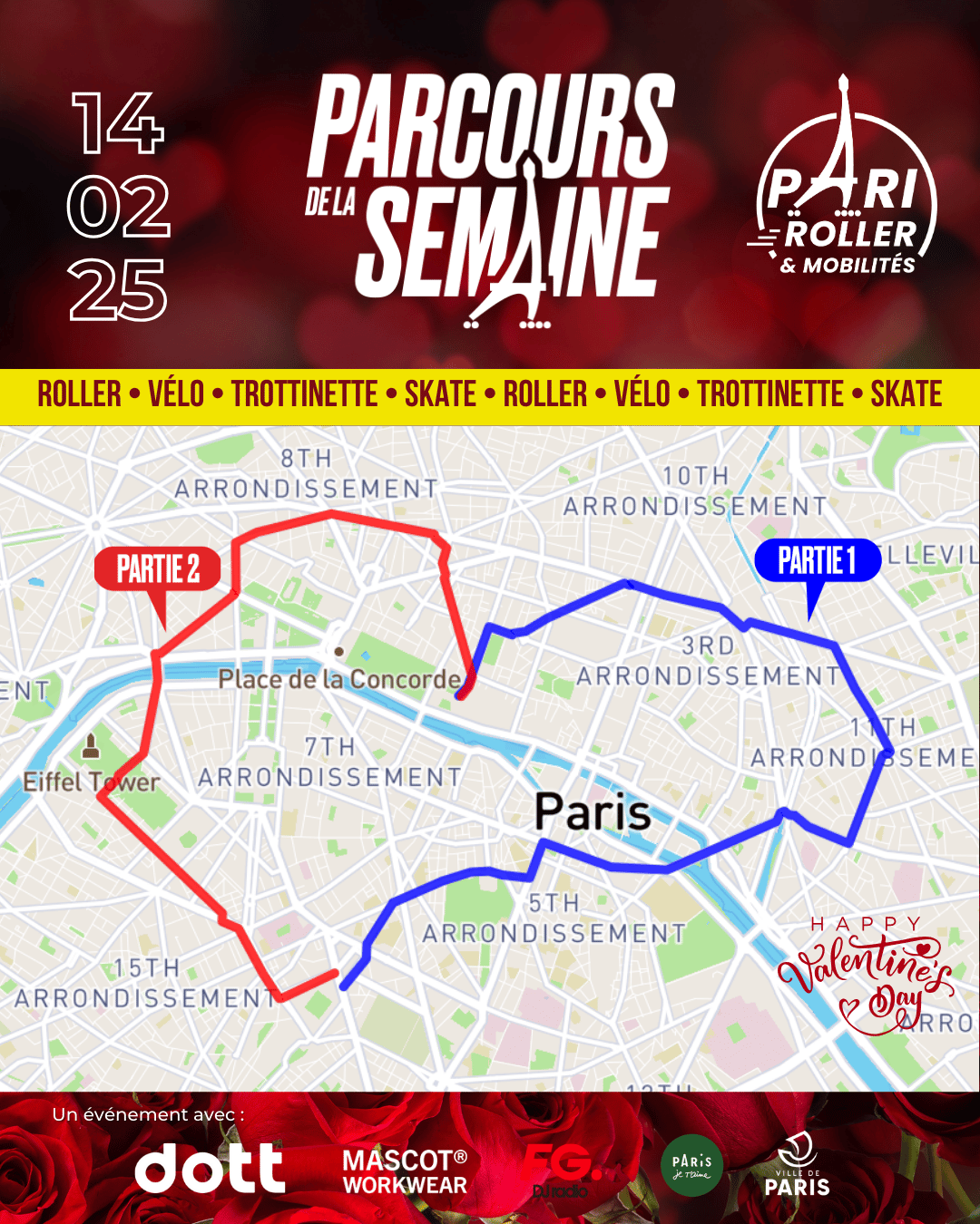 Parcours Pari Roller & Mobilités Saint Valentin 14 février 2025